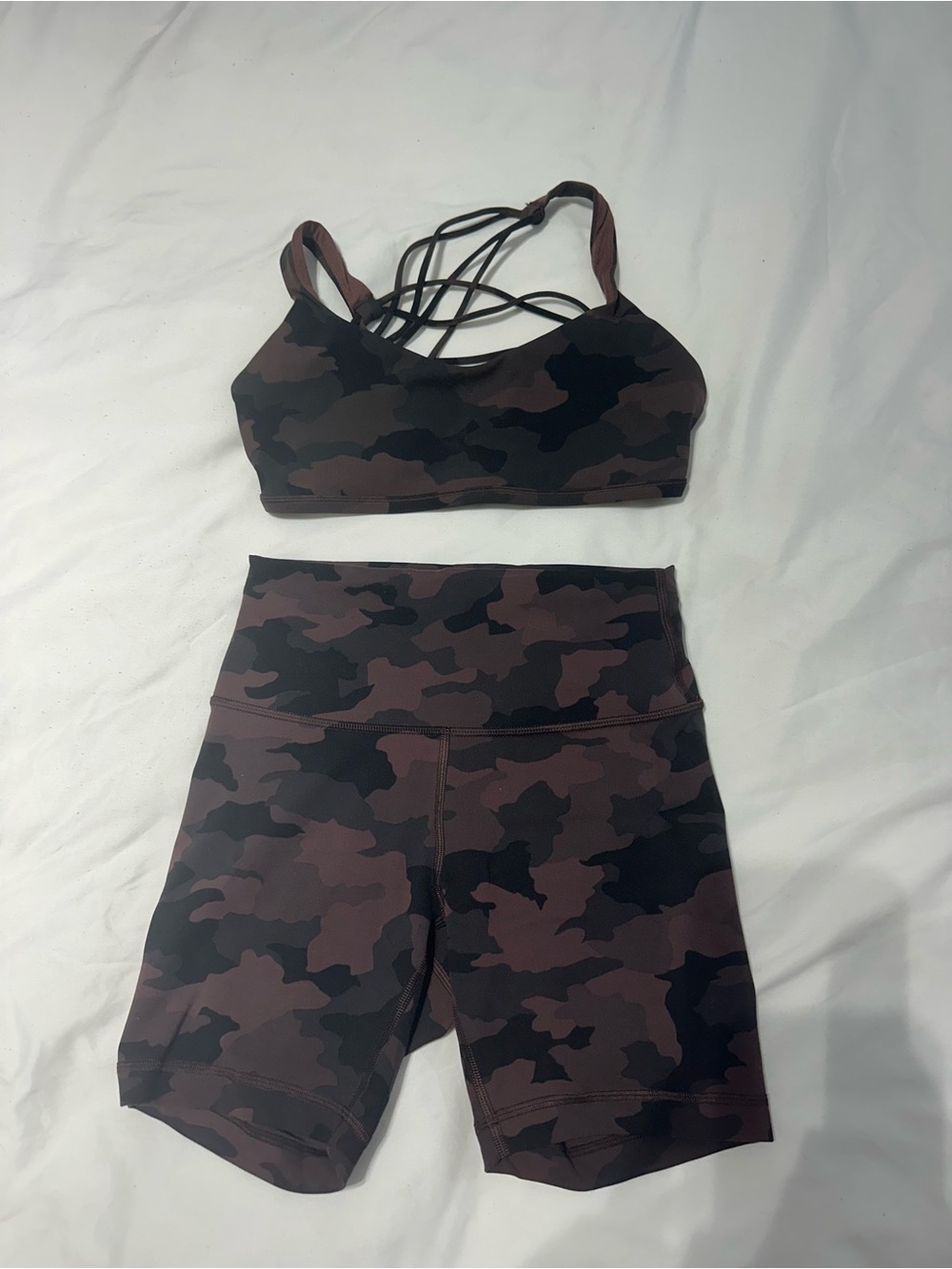 Lululemon camo sports bra and bike short set